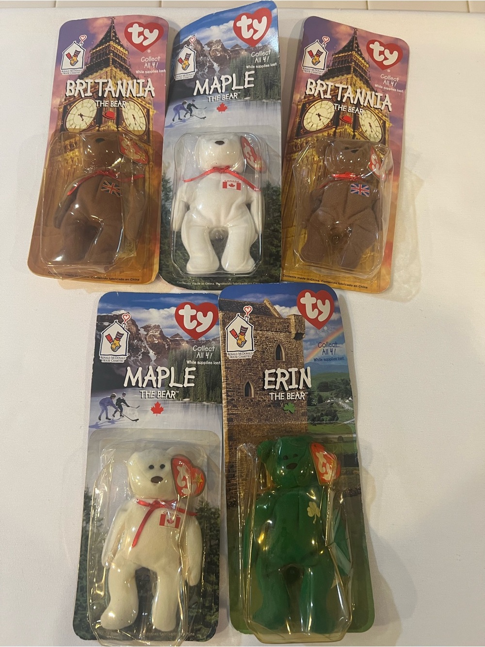Ty Beanies Sealed - 5 total with Maple-2, Britannia-2 & Erin-1 Vintage from 1999